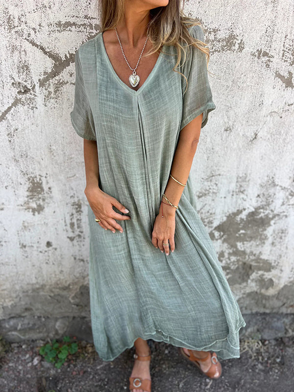 Naia™ - Vestido vaporoso de algodón y lino con cuello en V