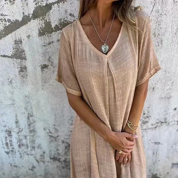 Naia™ - Vestido vaporoso de algodón y lino con cuello en V