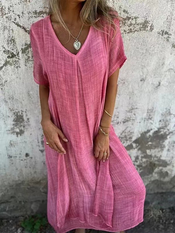 Naia™ - Vestido vaporoso de algodón y lino con cuello en V