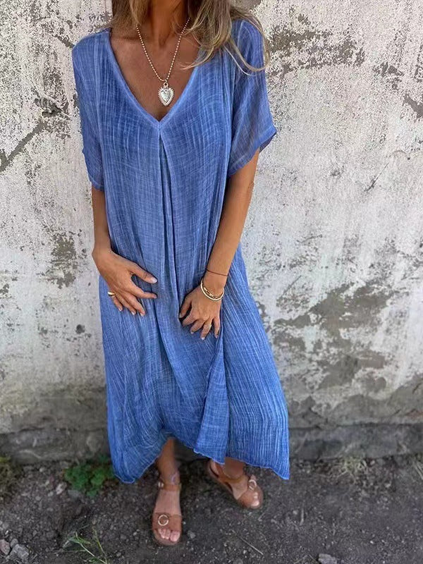 Naia™ - Vestido vaporoso de algodón y lino con cuello en V