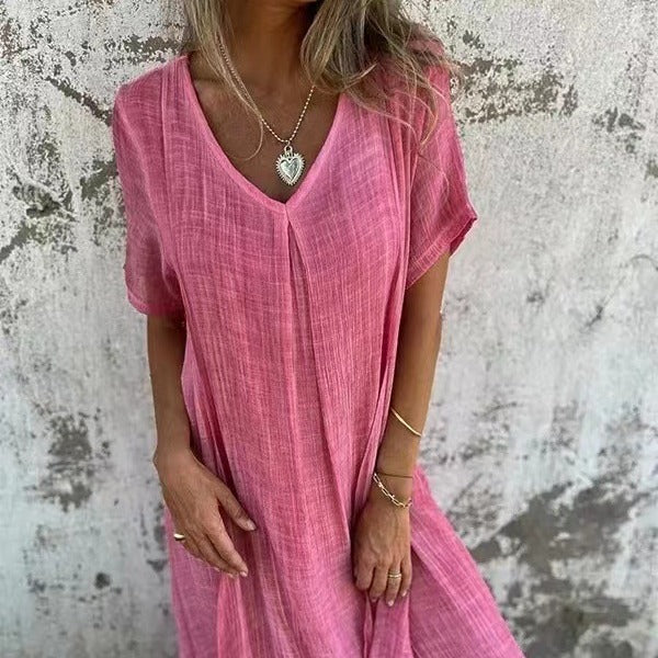 Naia™ - Vestido vaporoso de algodón y lino con cuello en V